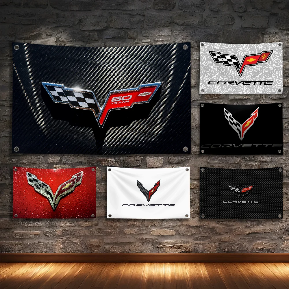 سباق السيارات-W-CORVETTEs-شعار العلم غرفة نوم المنزل وفي الهواء الطلق الجدار الشنق الحفل مطبوعة خلفية الديكور الفن راية