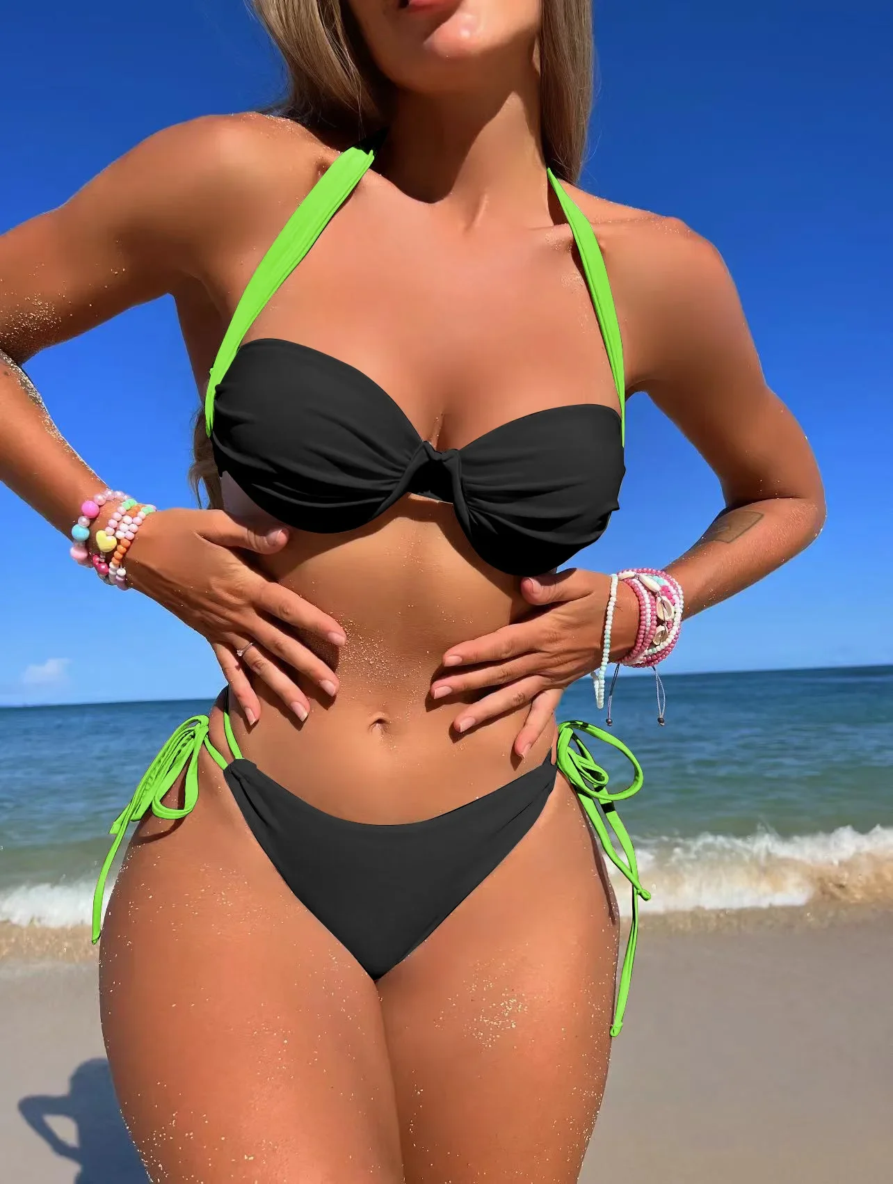 Bikinis sexys con realce y cuello halter, traje de baño de dos piezas con retales, traje de baño con lazo, bikini, conjunto de bikini tankini