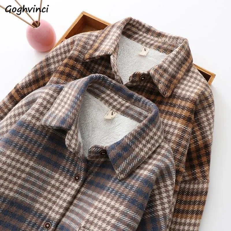 

Shirts Women Fleece Plaid Autumn Winter New All-match Vintage Design Chemise Femme Clothing Office Lady Casual Mujer