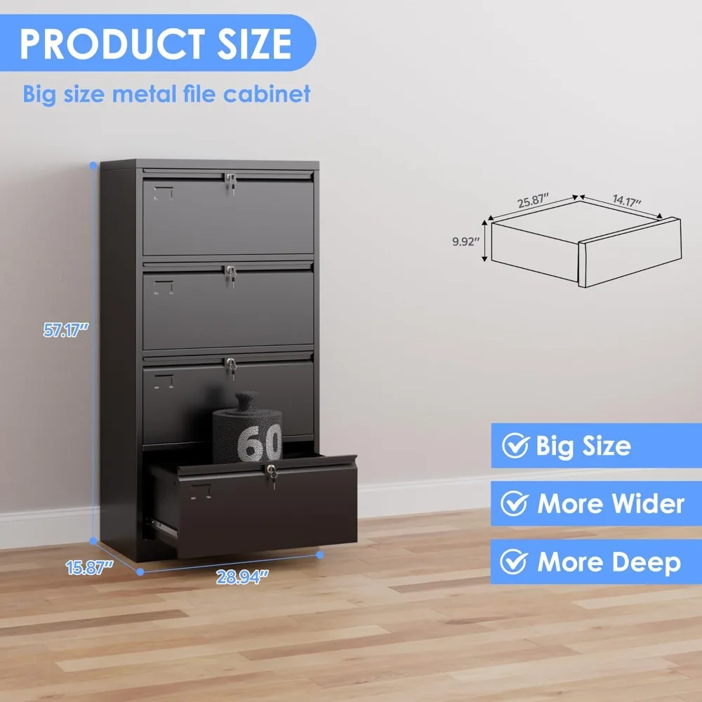 Metal Lateral File Cabinet with Lock, 4-Drawer Wide, Suitable for Home and Office, Letter and Legal Size Filing Cabinet