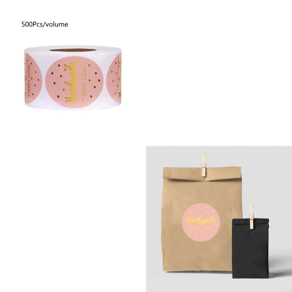 L43A 500pcs/roll Handmade with Love Stickers Gold Foil Round Seal Labels Stationery