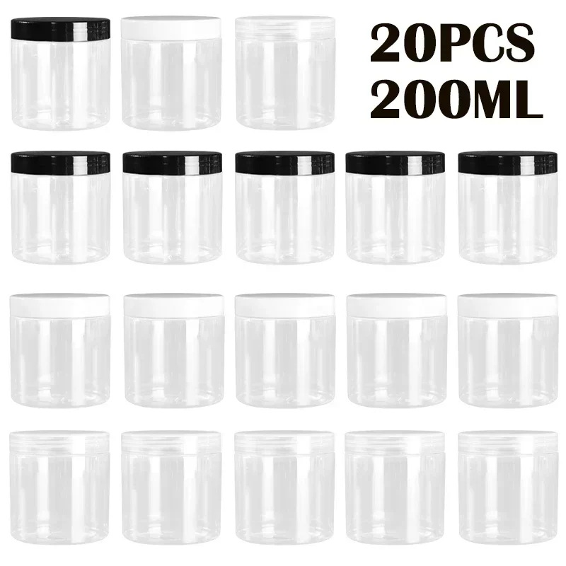 20 piezas tarro vacío transparente de PET de 200ml, botellas de muestra rellenables, tarro de crema facial, loción, contenedor de cosméticos, botella de viaje, suministro de almacenamiento