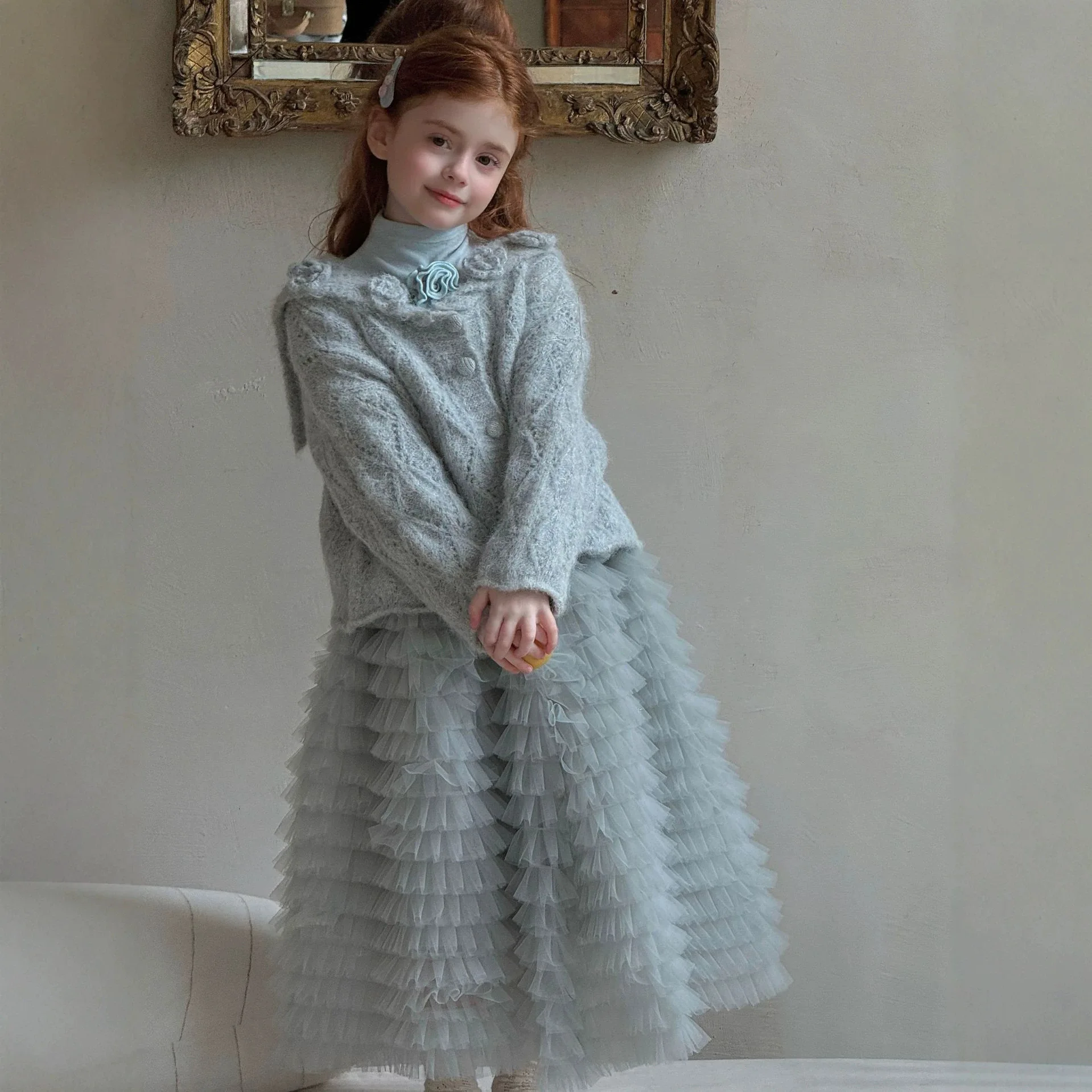 Children's Clothing 2026 Autumn New Semi High Neck Base Shirt for Girls Soft Interior with Solid Color Flower Top