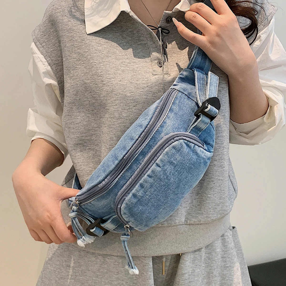Denim-Brusttasche im japanischen Stil für Damen, 2025, neue trendige Marke, kleiner Nischenrucksack, Damen-Hüfttasche, lässig, vielseitig, Umhängetasche, Einkaufen, Bergsteigen, Klettern, Angeln,