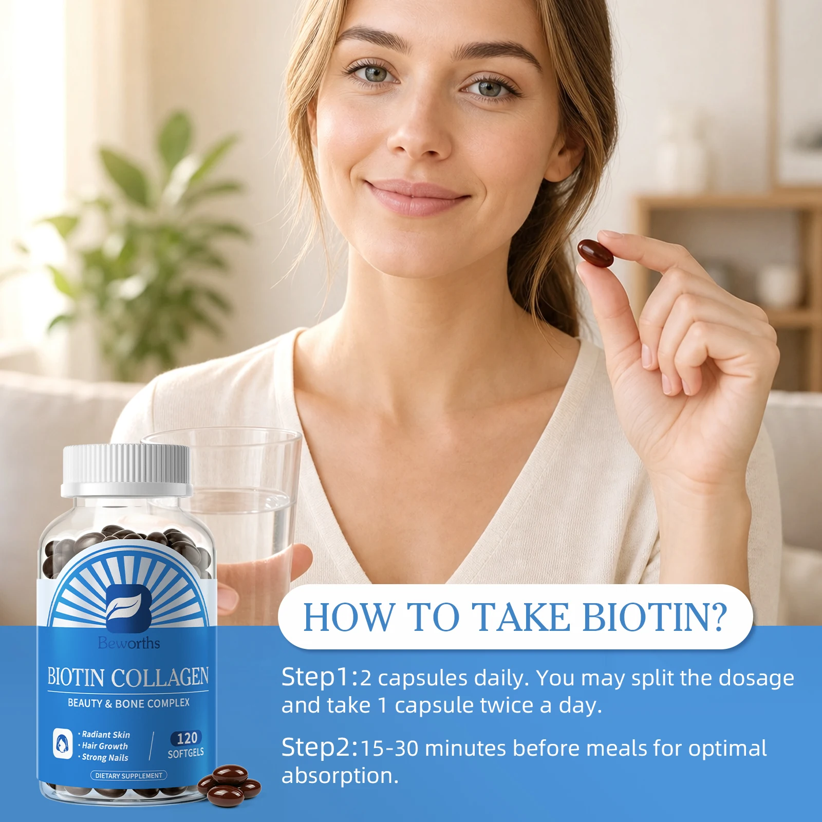 BEWORTHS Collagen and Biotin Capsules Biotin for Hair Growth Healthy Nails &Skin Hair Farming Supplement Beauty Health Skin Care