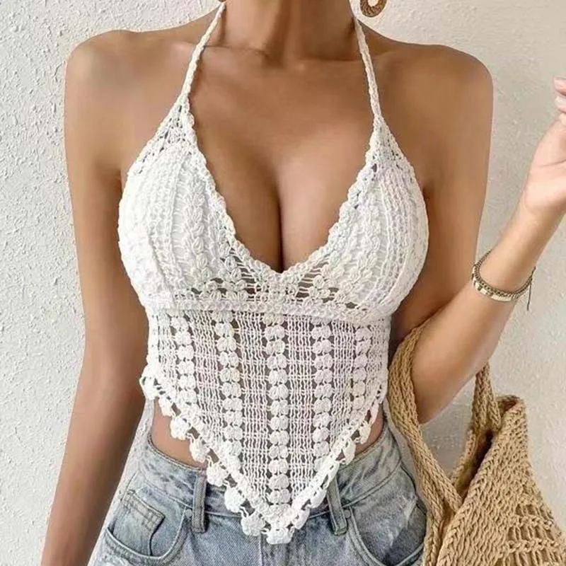 Boring Honey Women's Sexy Crochet Hollow Out Camisole - Back Lace Up Tank Top Slim Fit Knitted Vest Versatile Solid Color Blouse