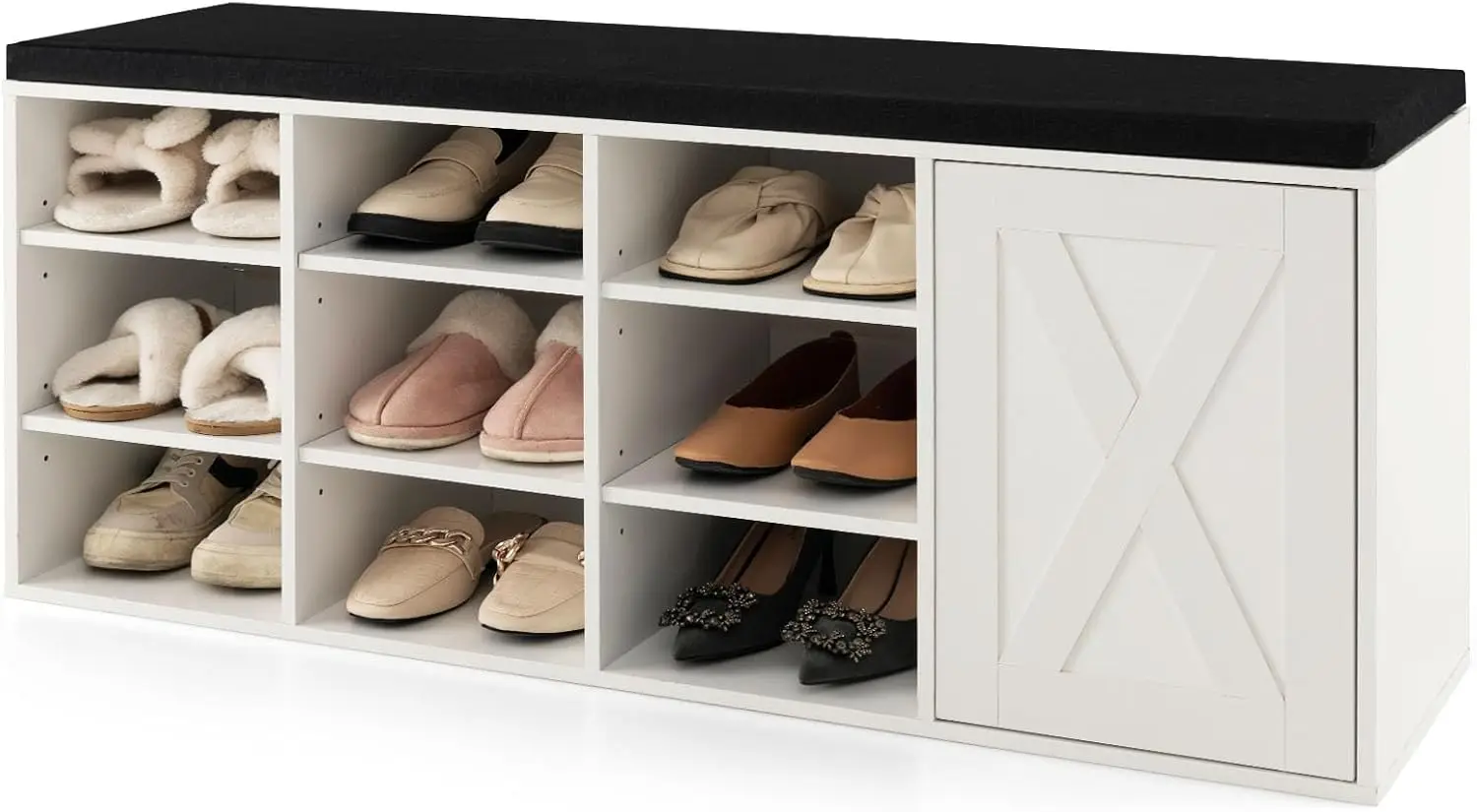 

9 Cubes Shoe Bench with Storage, Adjustable Shelves Storage Bench Rack with Removable Padded Cushion, 3 Tier Shoe Storag