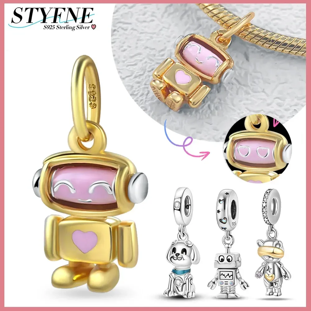 925 Sterling Silver Golden Robot Smart Expression Pink Enamel Craft Friendship Mascot for Women Diy Original Bracelet Jewelry