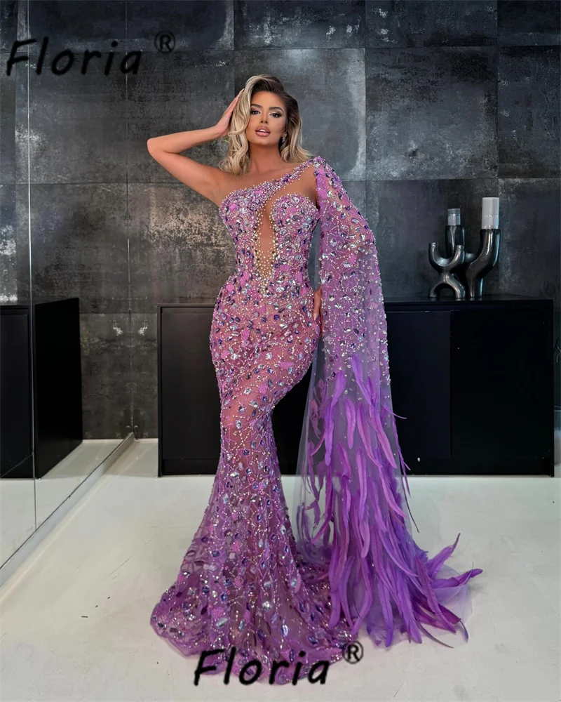 Exquisite Fully Handmade Crystal Stones Mermaid Evening Dress Arabic Feathers Purple Formal Gown Customized Vestidos de Noche