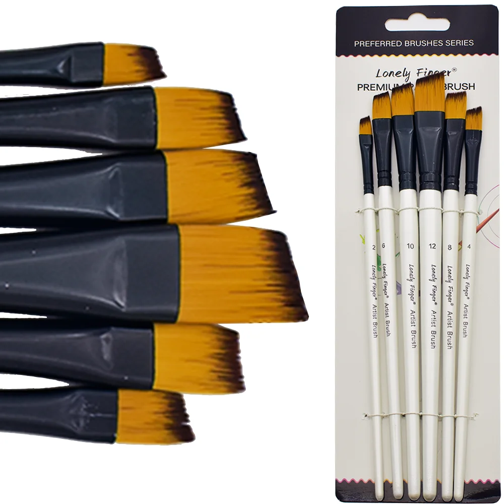 6 Pcs Angular Paint Brushes Set, Angled Paintbrushes for Acrylic Oil Watercolor Gouache Painting, Nylon Hair Angle Shader Brush