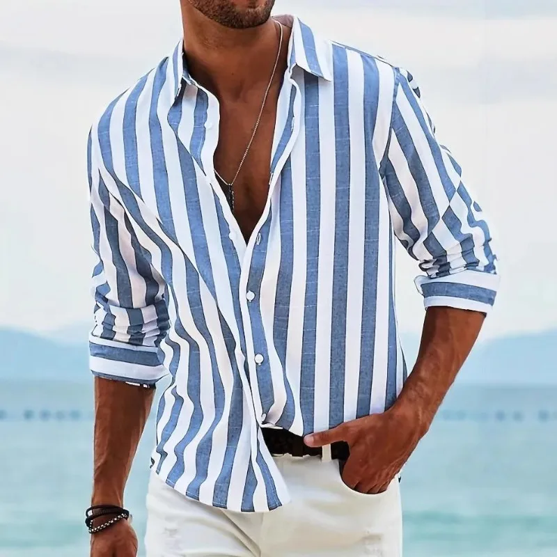 

Spring and Autumn New Men's Color Woven Striped Casual Loose Long Sleeved Shirt Men's Shirt Tops 100% Polyester Microprojectile