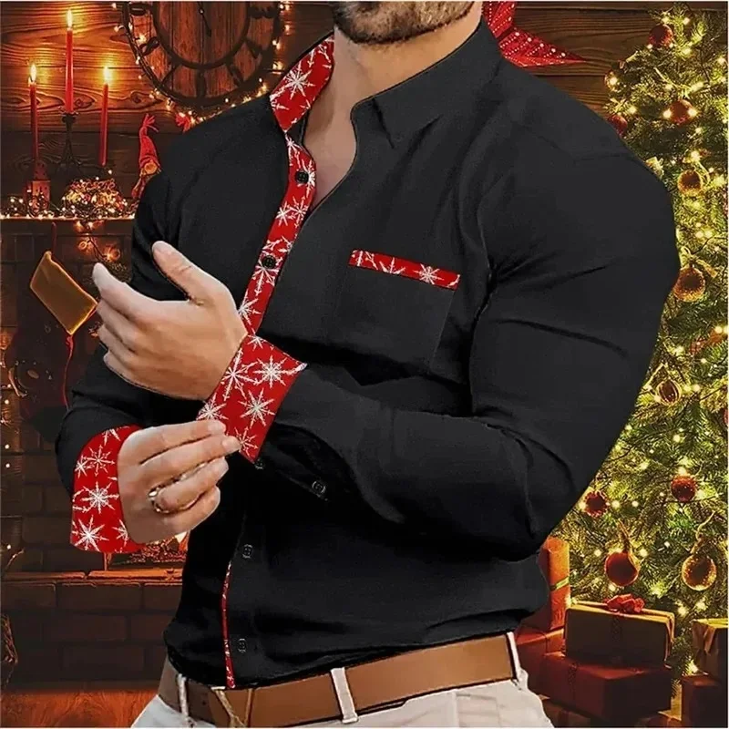 Men's long sleeved shirt Christmas elements solid color snowflake print comfortable and fashionable family party men's style