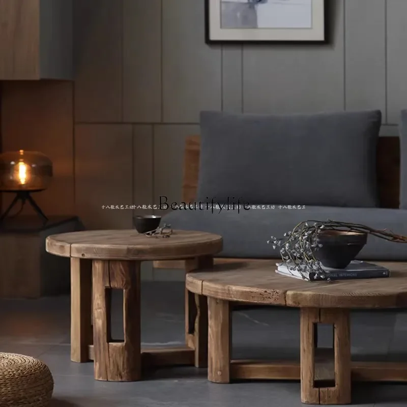 

yj32 Wabi Sand Wind Round Solid Wood Coffee Table Combination Sofa Side Wooden Tea Table Japanese Simple Round Table