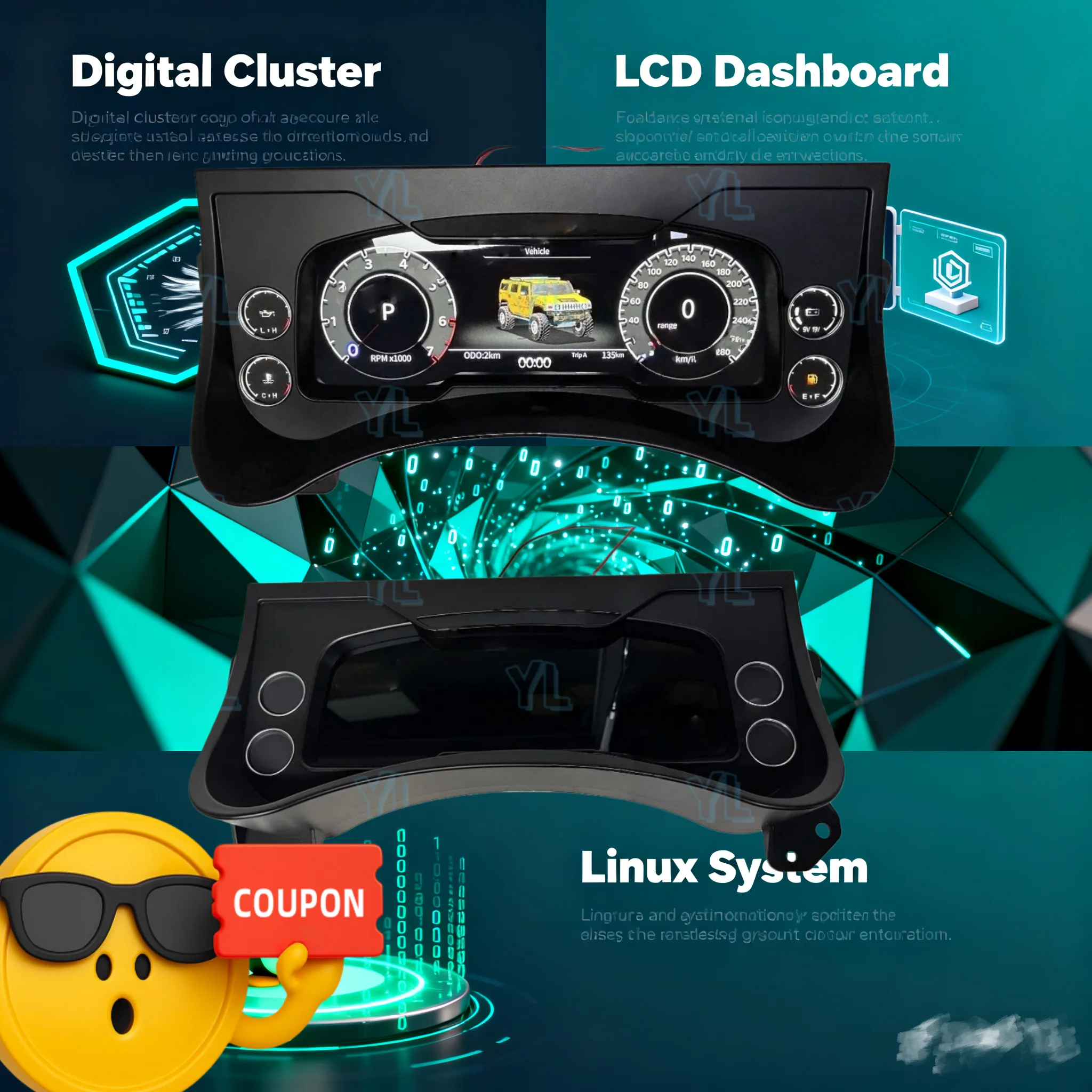 S Design Dashboard For Hummer H2 2003-2009 LCD instrument Panel Virtual Driving display Cockpit Virtual Instrument Cluster LINUX