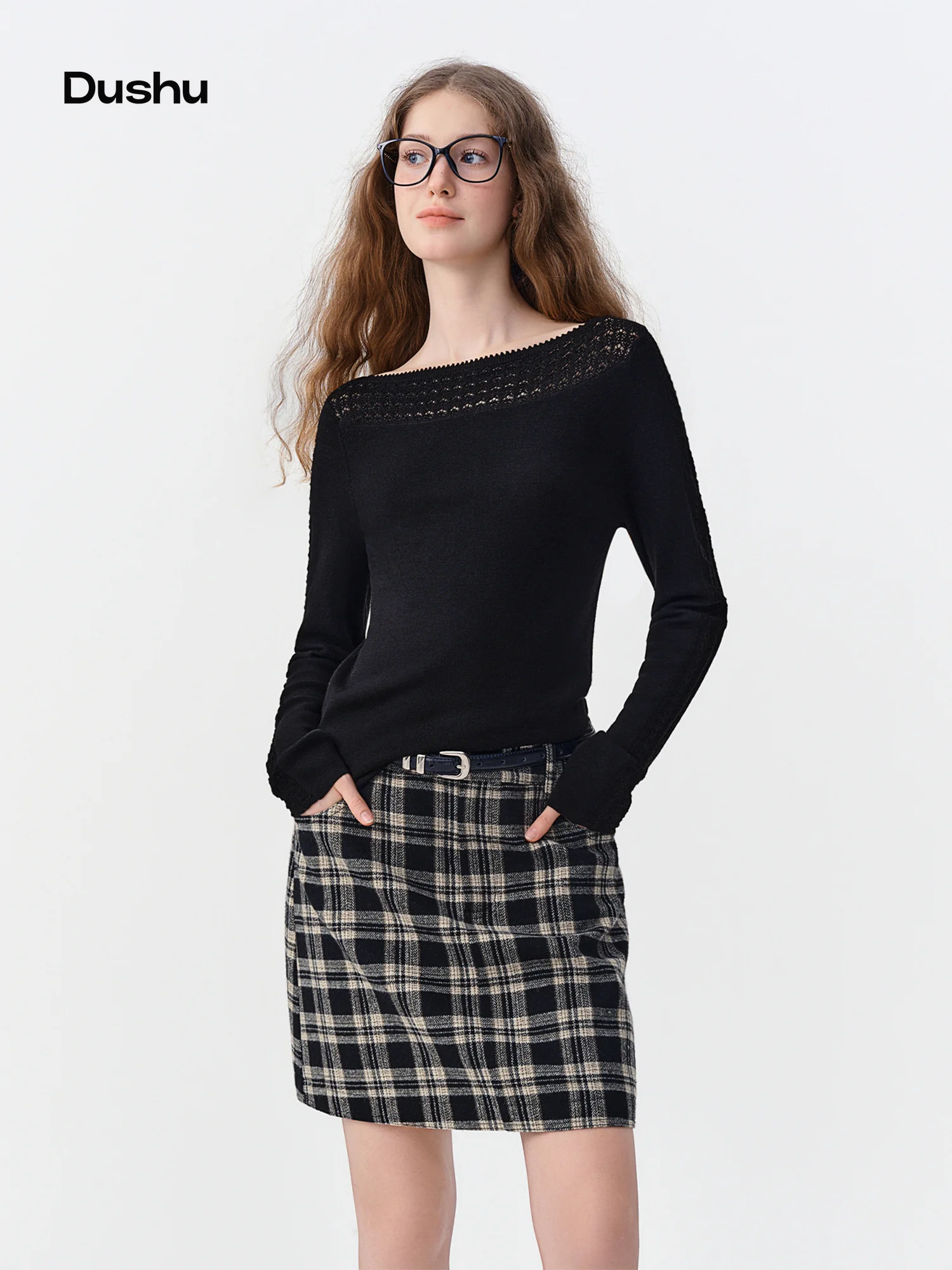 DUSHU 2026 Winter Women's Boat Neck Openwork Jacquard Knit Sweater - Classic Chic Sweet Elegant Fitted Top for Daily Wear