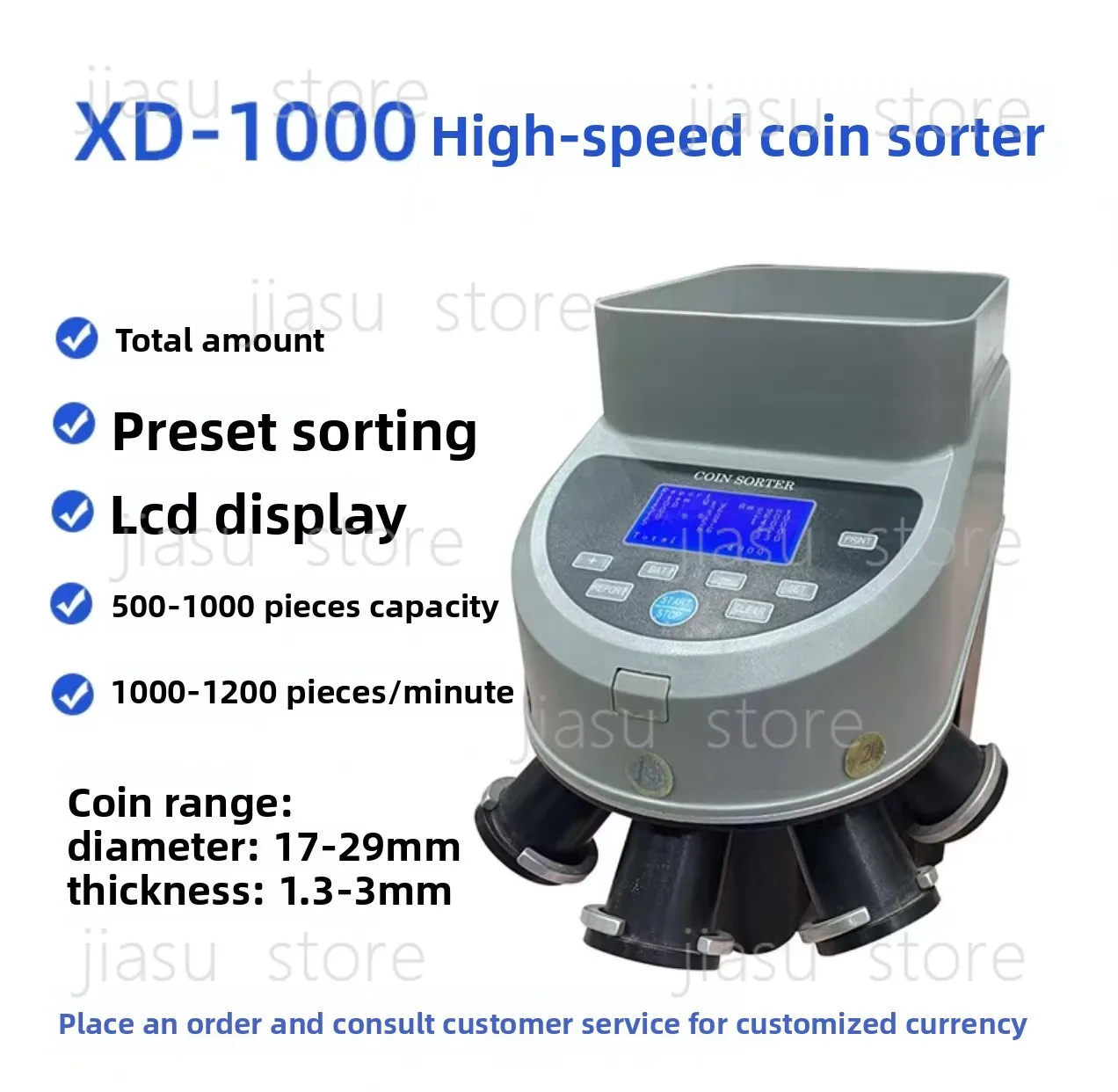 High-Speed Automatic Mixed Coin Value Sorter Machine 2025 XD-1000 Professional Electric Coin Counter 7-Digit Number Display