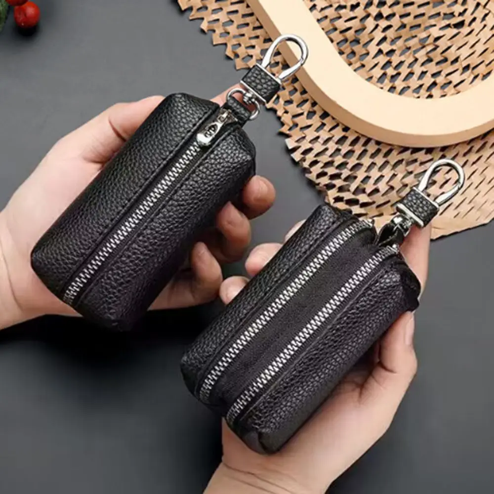 Portable Single/Double Zipper Key Storage Bag Simple Classic PU Leather Wallet Car Key Ring Elegant Coin Purse Keychain Car