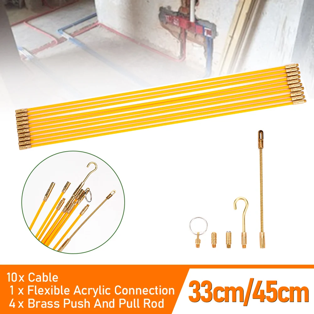 10Pcs 33/45cm Fiberglass Wire Cable Push Puller Dia 3/4mm Running Rods Fish Pulling Kit Wall Electrical Wire With Hook Rods Tool