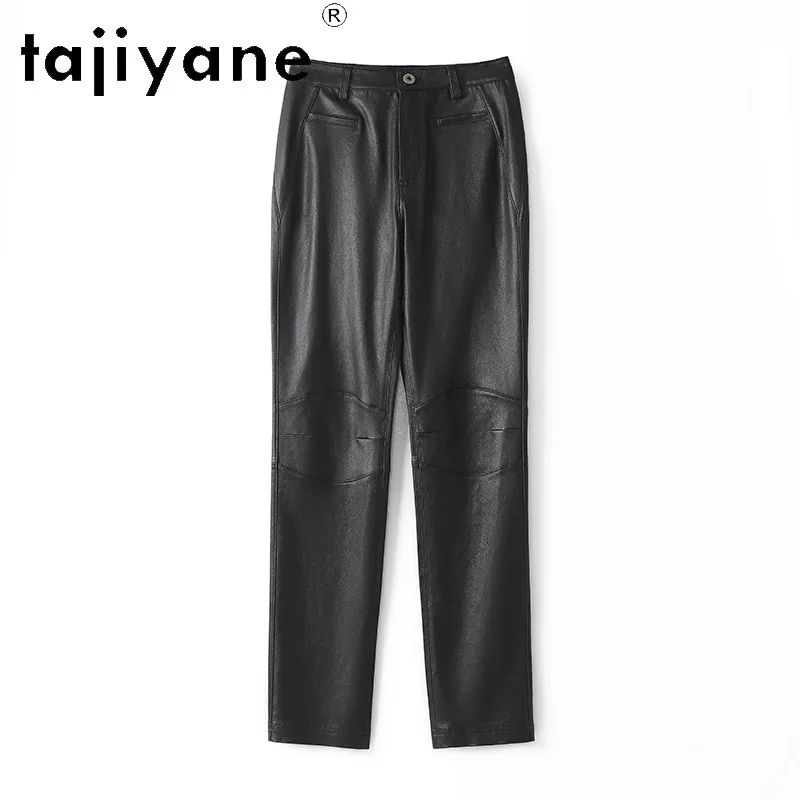 TAJIYANE Genuine Leather Pants Vegetable Tanned Sheepskin Skinny Cropped Pants of Women High Stretch Leather Pantalones 2026 슬랙스