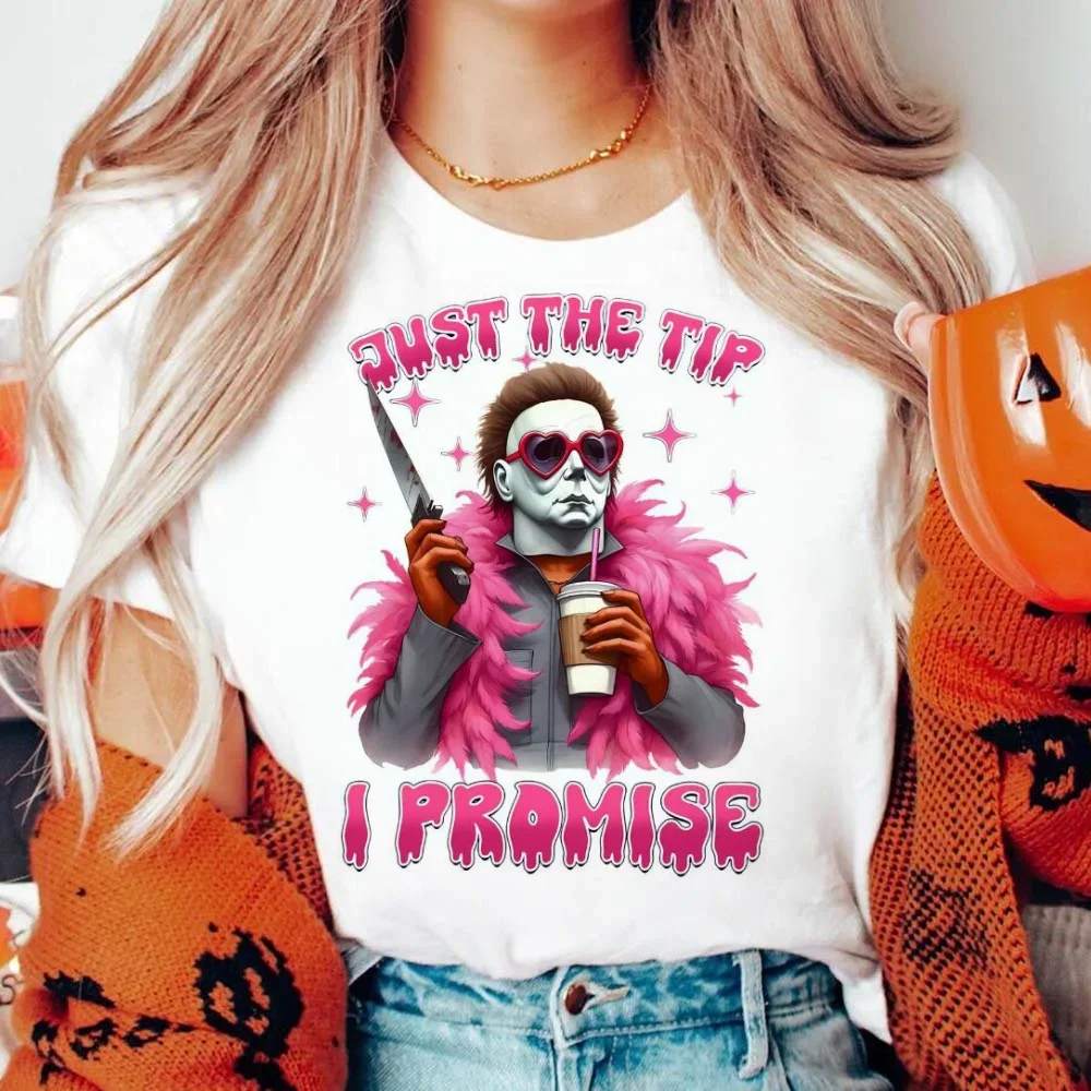 Vintage Top Printed Michael Myers Just The Tip I Promise Pattern Round Neck Casual Style Women's Fashion Versatile T-Shirt