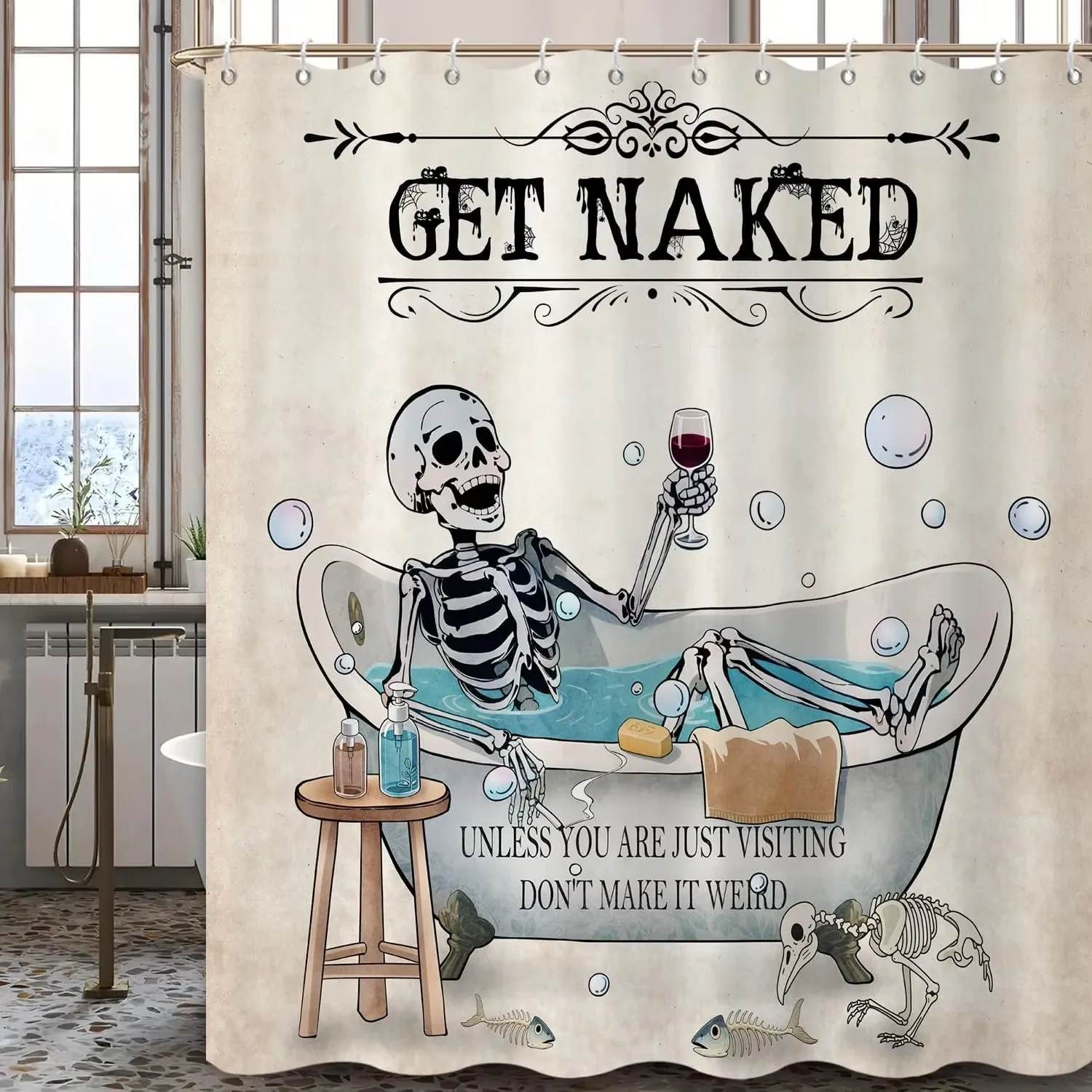Funny Skeleton Bath Shower Curtain Vintage Gothic Halloween Bathroom Decor Waterproof Fabric