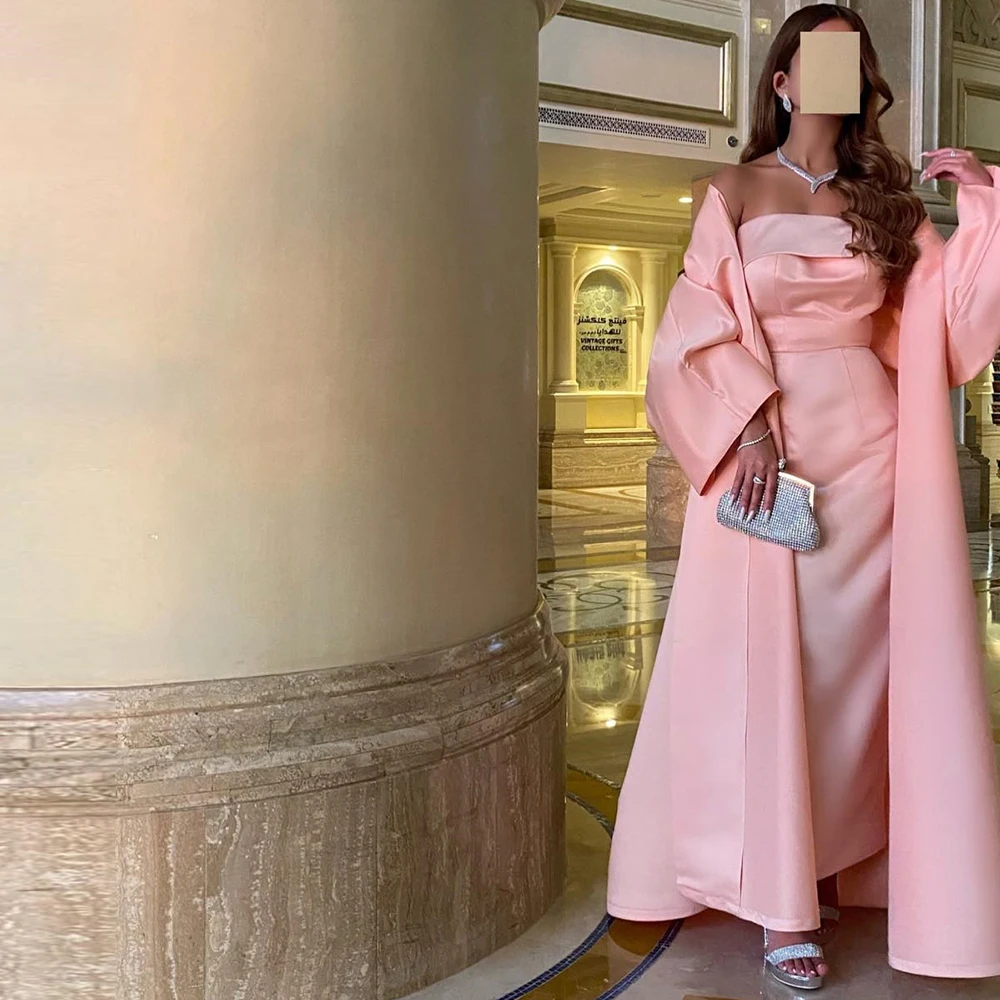 Dubai Evening Caftan Dress Pink Satin Long Sleeves Tea Length Straight Fashion Strapless Pleats Shawl Bespoke Occasion Gowns