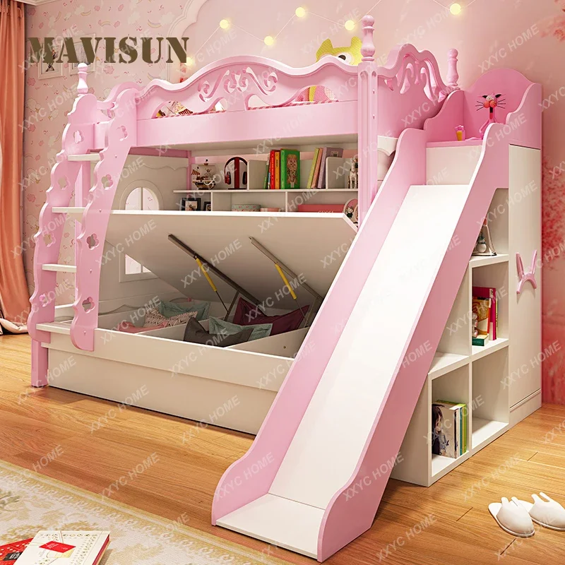 

Bunk Bed Girl Princess Castle High Low Pink Versatile Stair Storage Space Cartoon Bedroom Furniture Wooden Children's Kids Bed