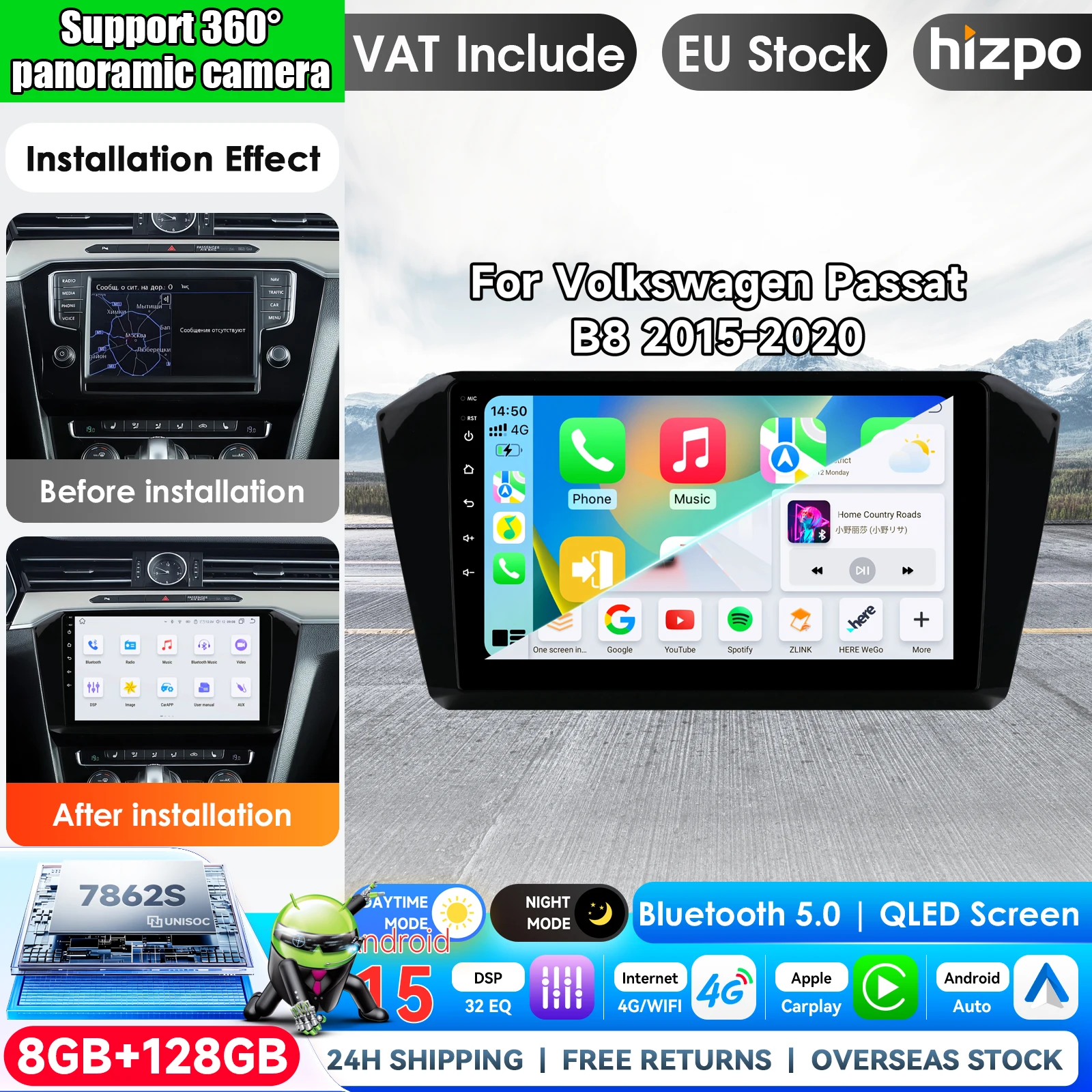 Autoradio Android 15 per VW Volkswagen Passat B8 2015 2016 - 2020 Navigazione GPS Lettore Multimediale Stereo WiFi+4G Carplay BT DSP con Apple CarPlay Sistemi Intelligenti Smart 2 Din Autoradio Unità