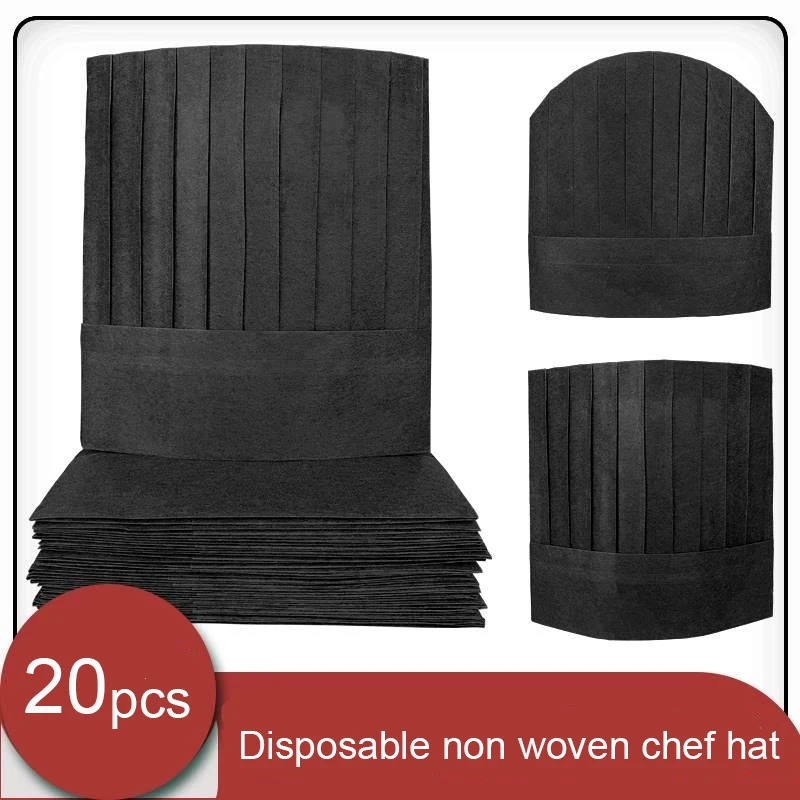 20 Pcs Black Disposable Chef Hats Non-Woven Breathable Kitchen Cooking Caps Unisex High-Quality Headwear for Hotel Catering