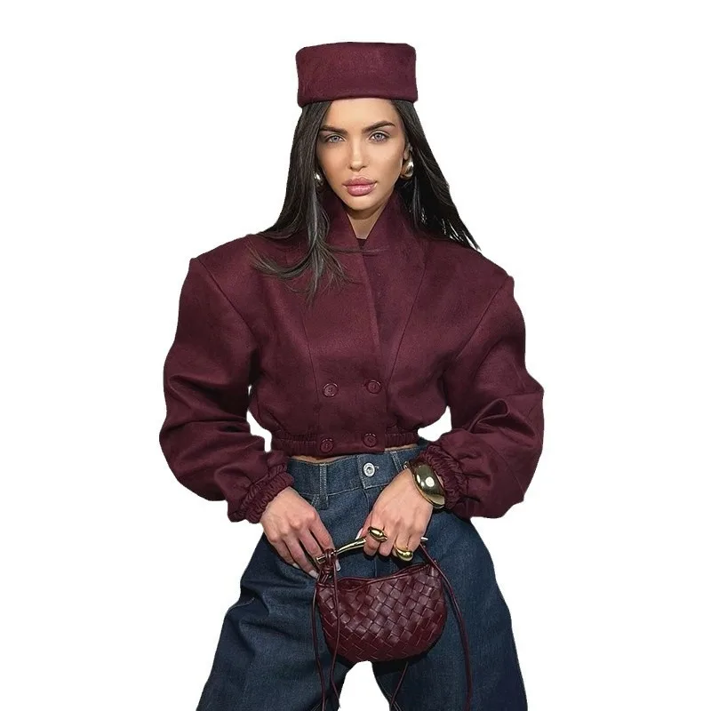 Y2k Women's Clothing Cropped Jacket Spring New Harajuku Wine Red Coat V-neck Double-breasted Long Sleeves Short Coat Chic