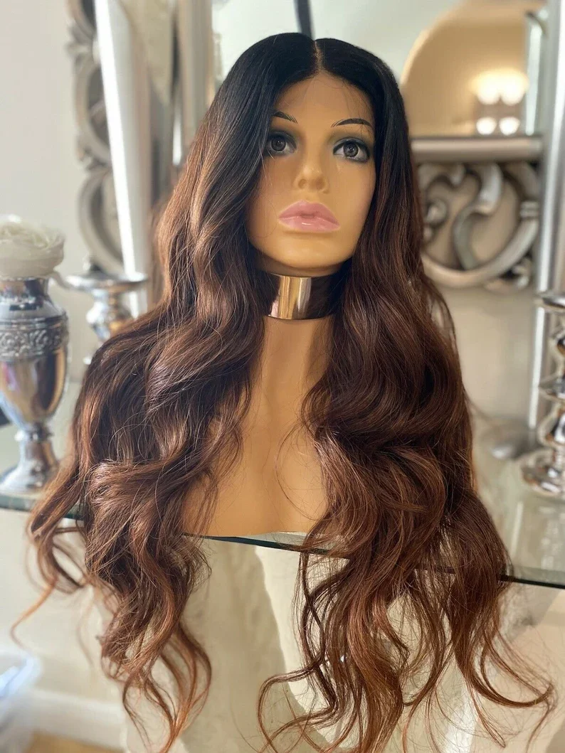 Ombre Brown 28‘’ Long 5x5 Silk Base Wave Jewish Human Hair Wig With Baby Hair HD Lace European Hair Glueless Preplucked  Daily