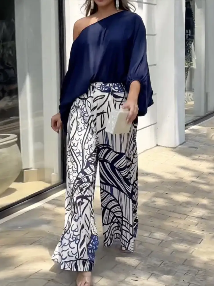 Freeacy Navy Blue One-shoulder Puff Sleeves Shirt Top and Printed Wide Leg Skirt Pants Loose Casual Two Piece Set for Women