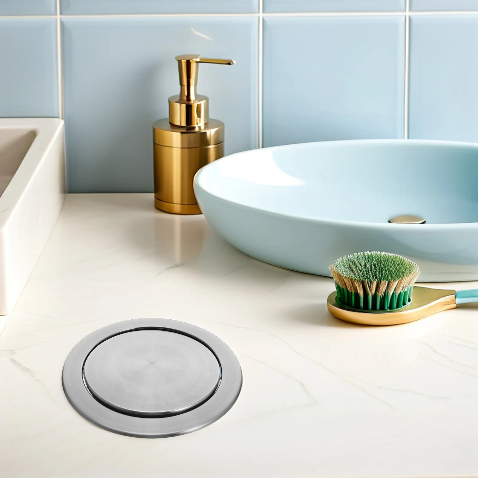 

Stainless Steel Swing Trash Can Lid Recessed Mount for Countertop Bathroom Sink Flush Waste Bin Cover Odor Sealing Design