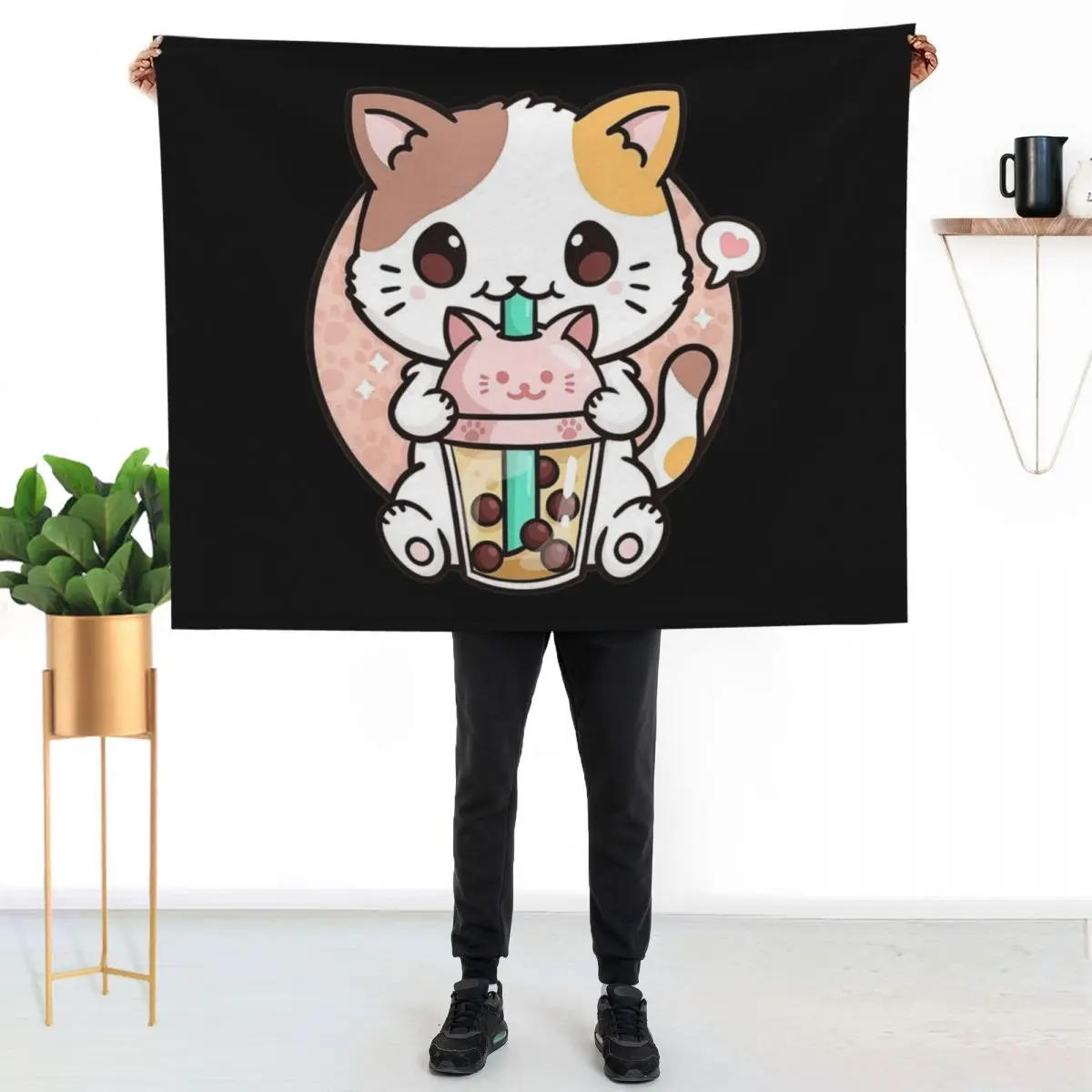 Cat Boba Tea Bubble Tea Anime Kawaii Japanese Girls Teenager Throw Blanket Hairy Thins Plush Blankets