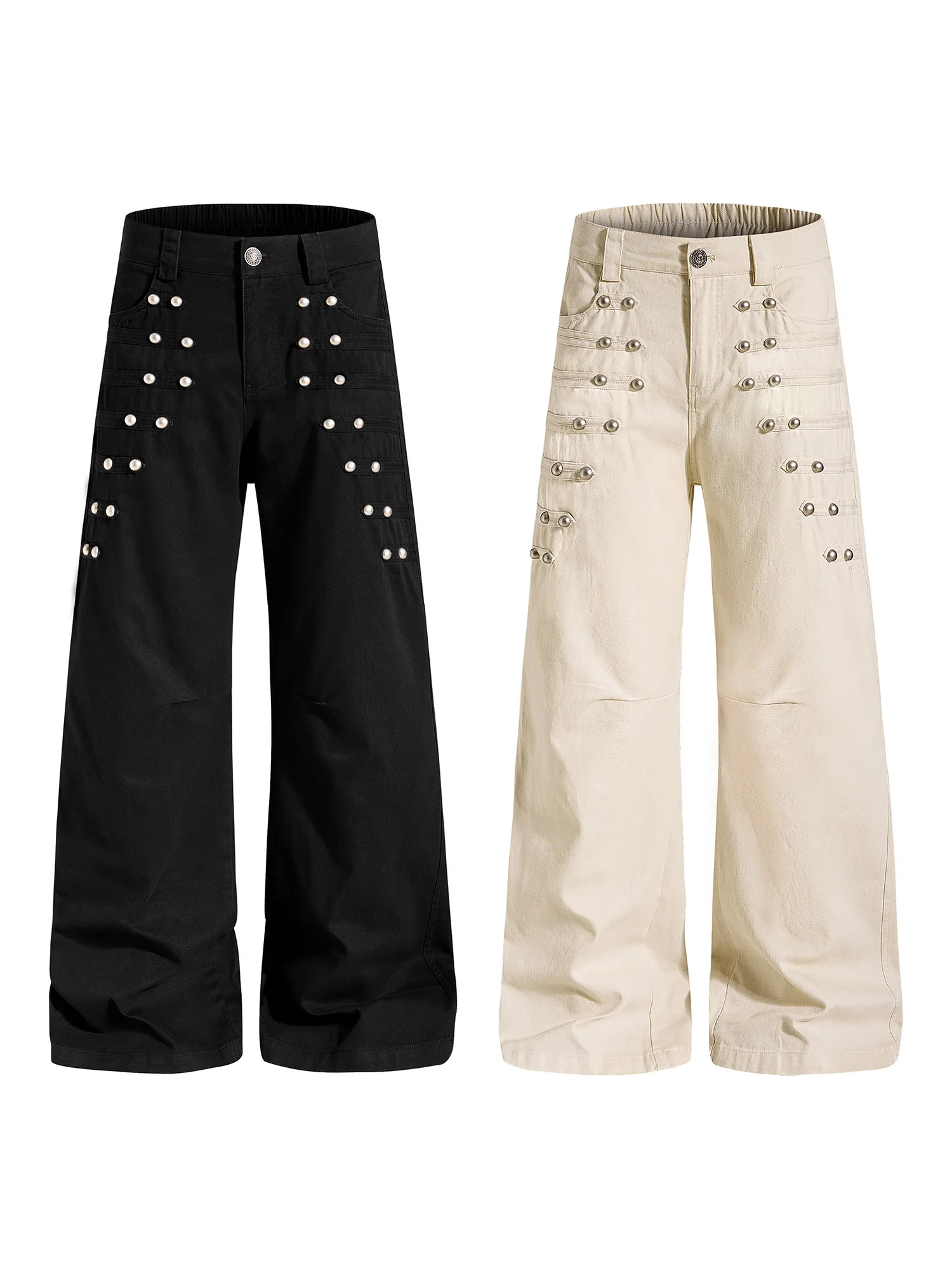 Calças Jeans Unissex Estilo Americano Retrô com Rebites Duplos, Perna Reta Larga, Design Emagrecedor, Multibolsos e Caimento ...