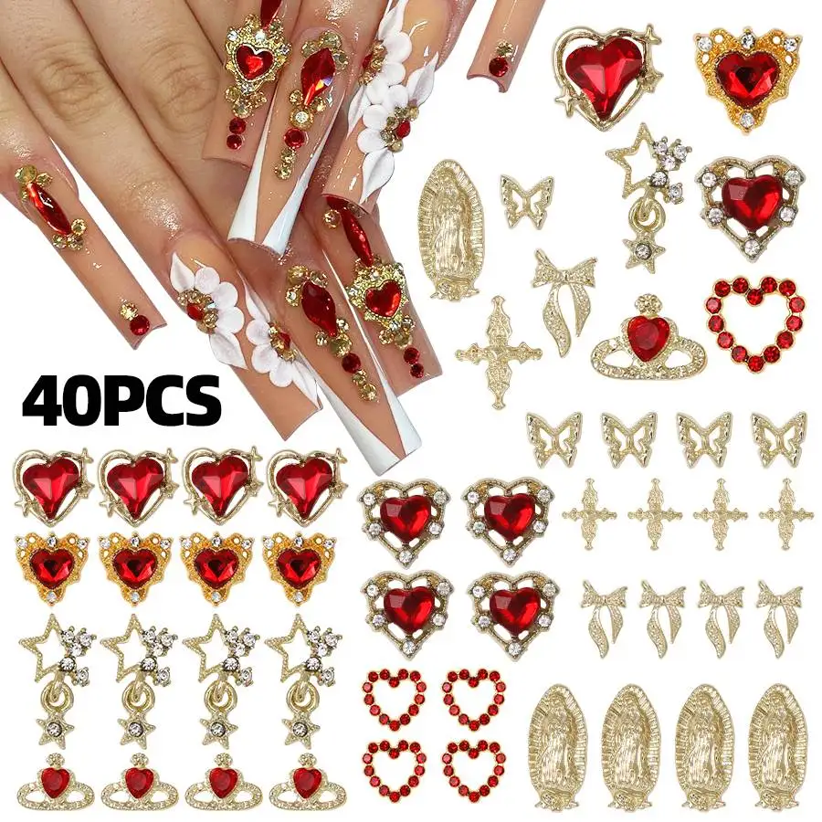

40Pcs Y2K Mixed Luxury Rhinestones Cross Nail Decorations 3D Punk Gold Silver Heart Water-Drop Nail Charms DIY Manicure Jewelry