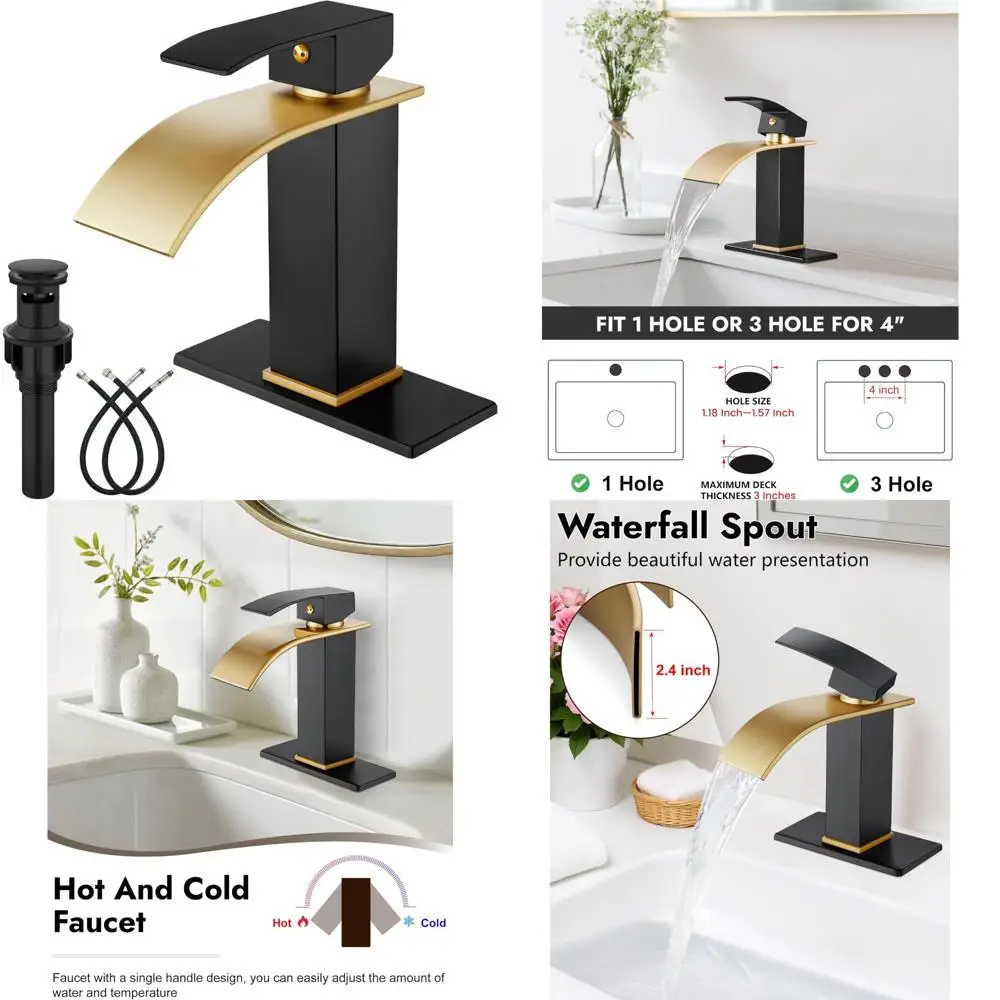 

Single Handle Waterfall Bathroom Sink Faucet with Deck Plate and Pop-Up Drain, Suitable for 1 or 3 Holes Installations