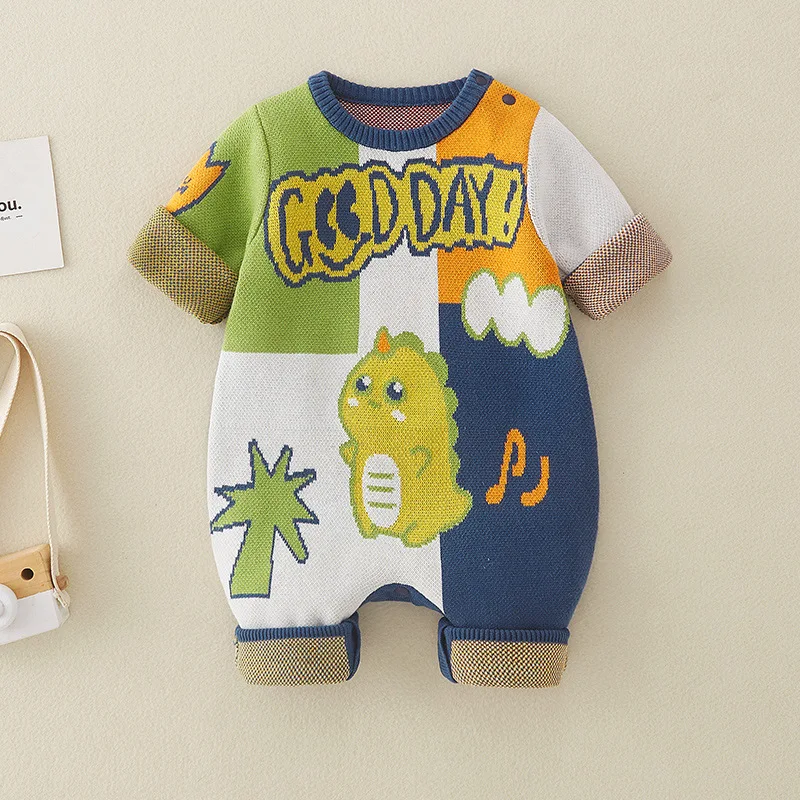 

Весенне-осенний комбинезон для маленьких мальчиков, 100% хлопок, жаккардовый лоскутный комбинезон с динозавром для маленьких девочек, вязаные комбинезоны, боди для новорожденных мальчиков