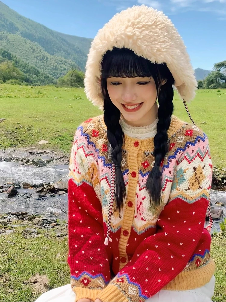 106 سنتيمتر تمثال نصفي خريف شتاء الأحمر بالأزرار البلوزات النساء Vintage أنيقة فضفاضة أيسلندا معرض جزيرة س الرقبة الصوف الدافئة محبوك البلوزات #4