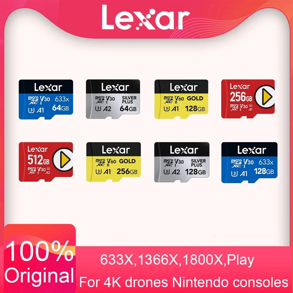 Lexar Micro SD Card TF Memory Card A1 633X 1366X A2 1800X Play UHS-I U3 V60 4K V30 for DJI drones Nintendo Switch Game Console