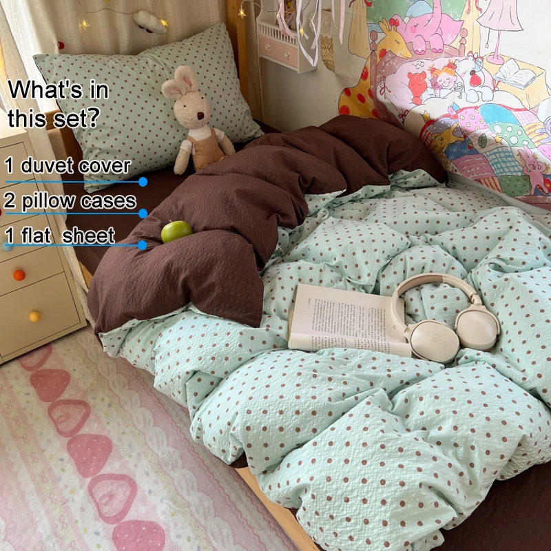 Fresh Mint‑Green Brown Polka‑Dot Bubble Crinkle Bedding Set 4‑Piece ,1 Duvet Cover,1 Flat Sheet & 2 Pillowcases,Soft Breathable