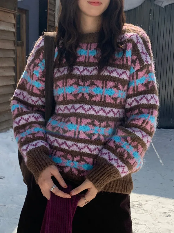 Suéter Retro coreano Sle redondo Ne de punto para mujer, suéter cálido con diseño de moda de invierno, Color Blo, bordado Floral