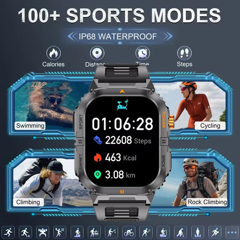 

New 1000mAh military outdoor smartwatch for men, LED flashlight, IP68 waterproof, GPS sports, 2.01-inch Bluetooth call smartwatc