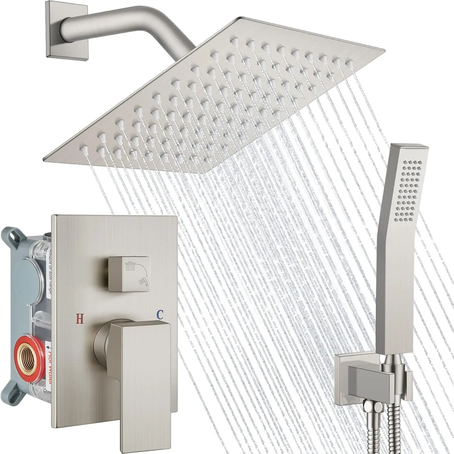 

Wall Mount Shower System with Square Rain Head and Hand Sprayer, Brushed Nickel, Complete Kit