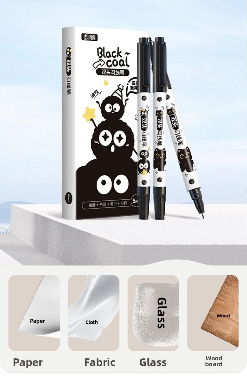 5 Stück Doppelspitzen-Zeichenstift mit feiner Linie, wasserfest, schwarzes Katzen-Design zum Skizzieren, Manga-Kunststudenten-Marker – Detail 9