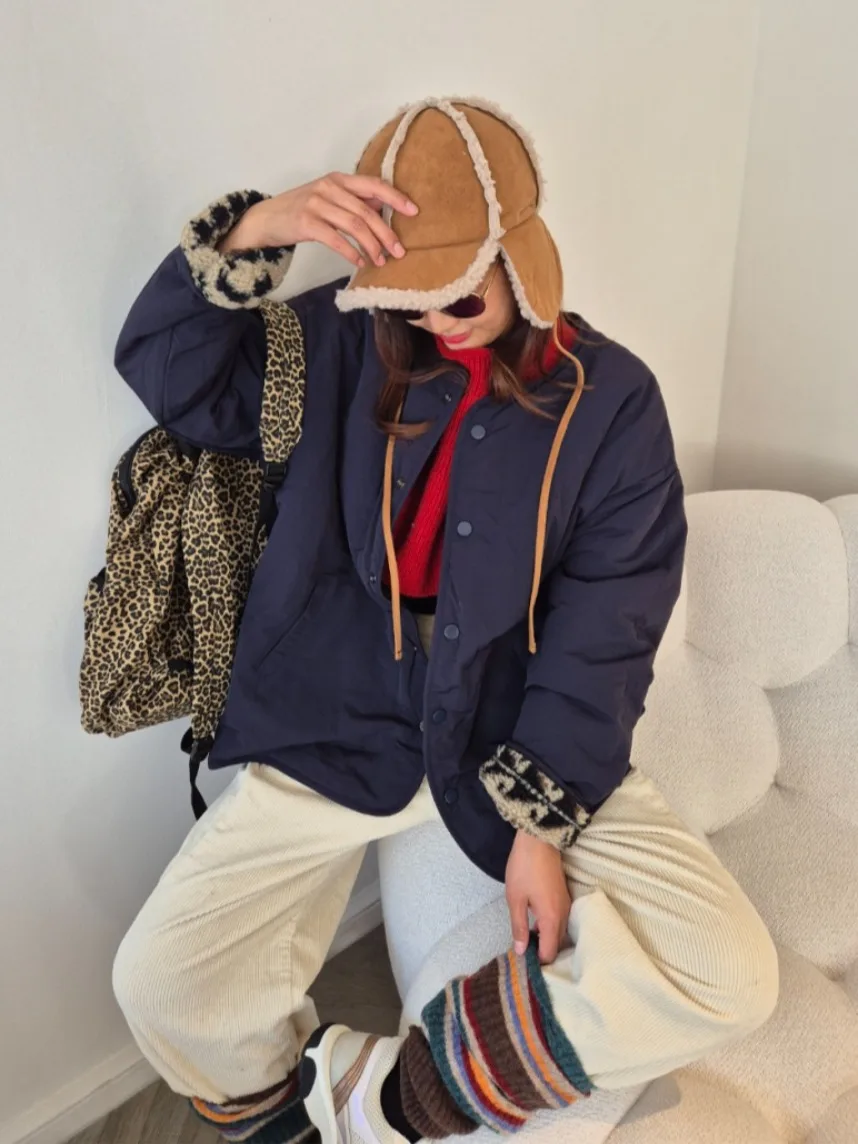 على الوجهين يمكن ارتداؤها فرو الضأن Jaet المرأة فضفاضة تناسب معرض جزيرة منقوشة ملابس خارجية ربيع الخريف الشتاء عادية Sle #4