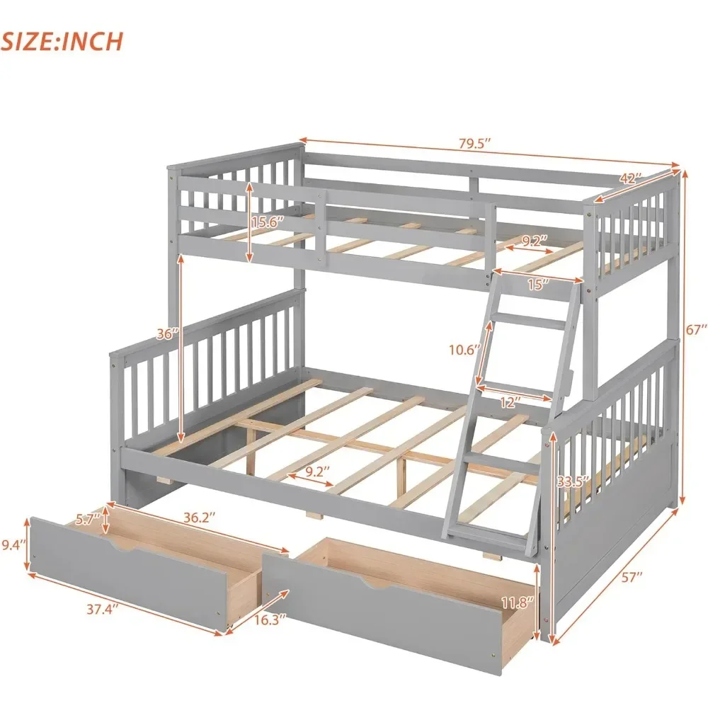 

Bunk Bed Twin Over Full with Storage Drawers, Solid Wood Bunk Bed with Ladder and Safety Guardrails, Convertible into 2 Beds