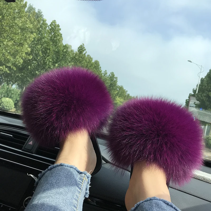 Fur Slippers Women Summer Fluffy Plush Casual Fluffy Flat Non-Slip Real Fox Fur Slides Outdoor Flat Ladies Sandals Flip Flops