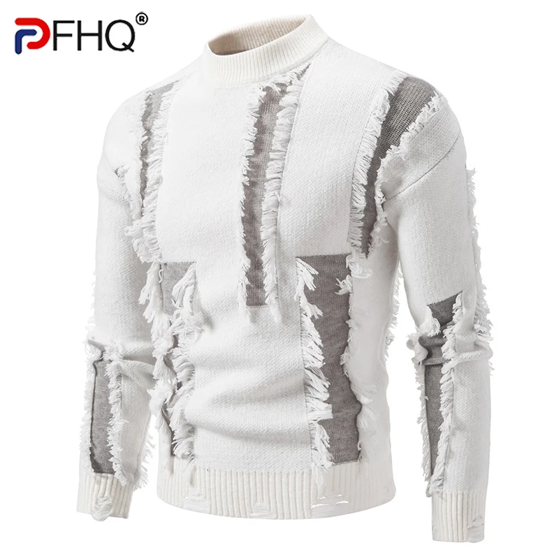 PFHQ Niche Design Men's Sweater Worn-out Raw Edge Patchwork Contrast Color Knitting Mock Neck Casual Male Top New Autumn 21Z6569