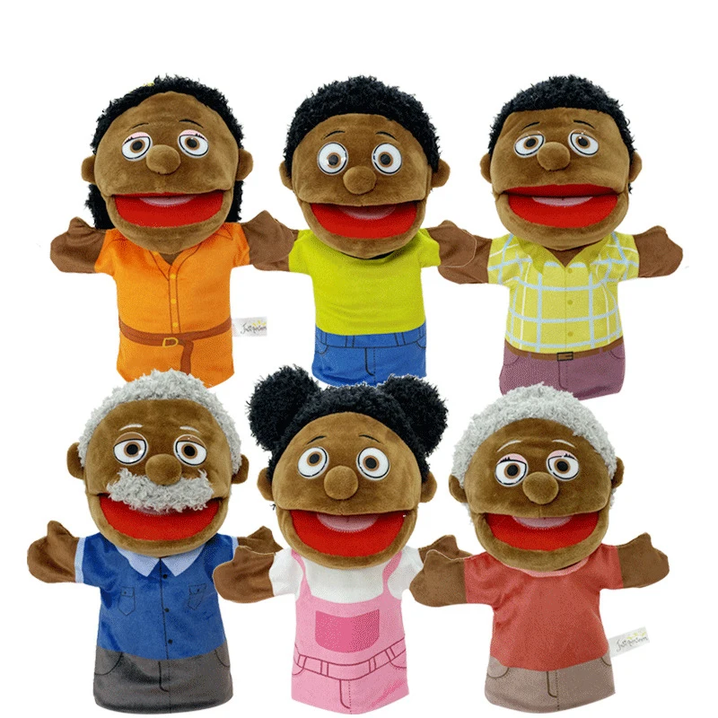 

New Cartoon Cute Simulation African Black Family Hand Puppet Plush Toys Parent-child Interactive Performance Toy Mouth Will Move